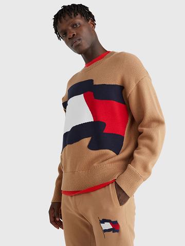 Férfi Tommy Hilfiger Wavy flag crewneck Pulóverek Barna | HU 962DFM